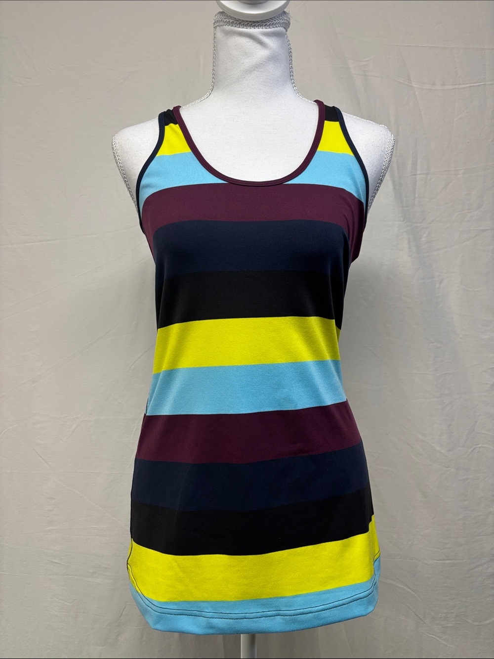 Striped Racerback Tank Top in Yellow, Light Blue, Black, and Burgundy